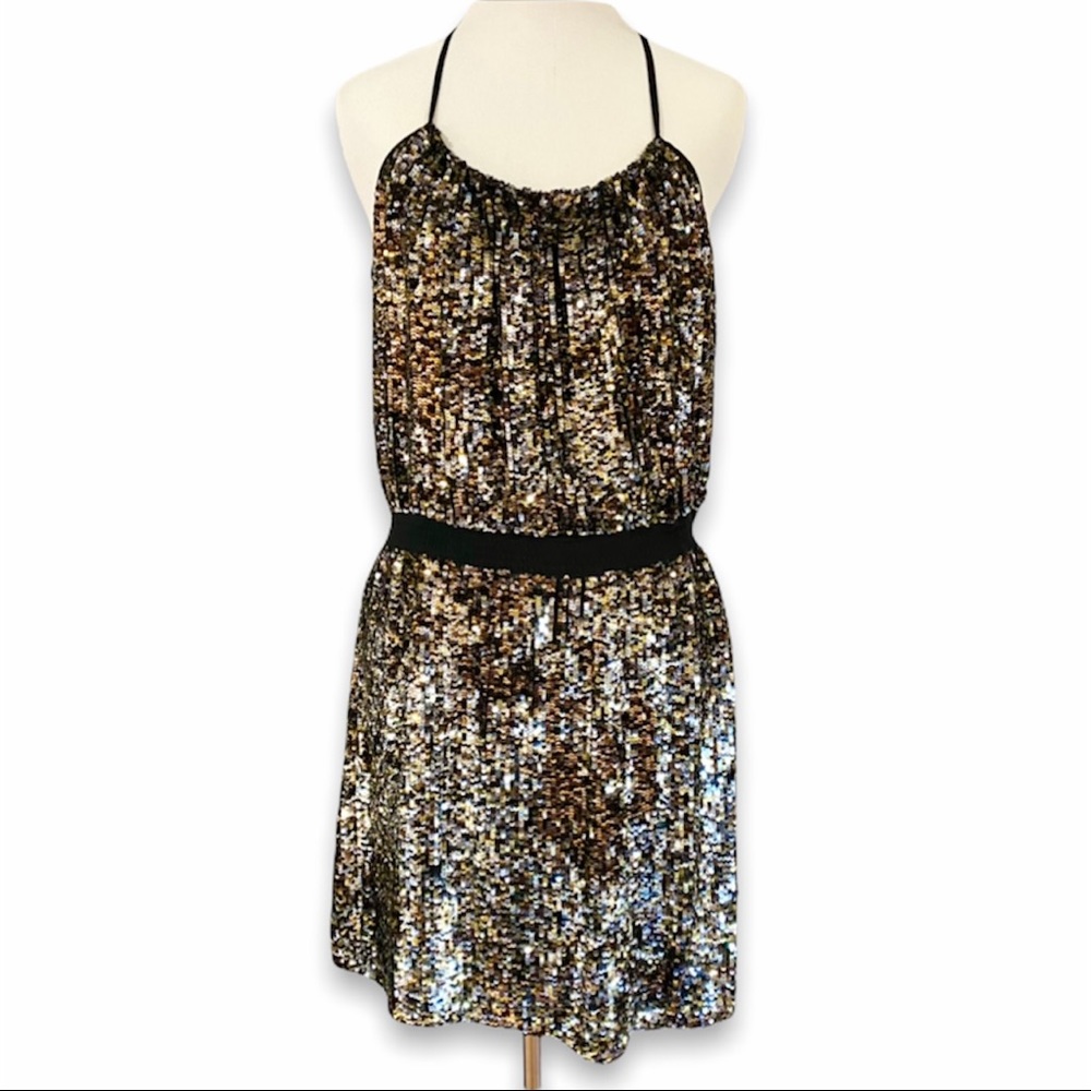 EUC Parker Black & Gold Sequin Silk Mini Dress, M